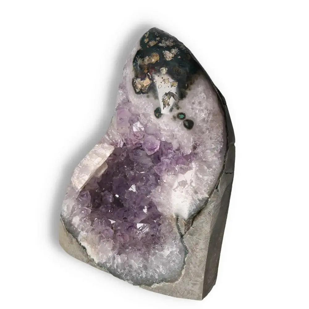 Amethyst cut base geode from Sylvia Crystals offering beauty and tranquility, known for stress relief and mental clarity.