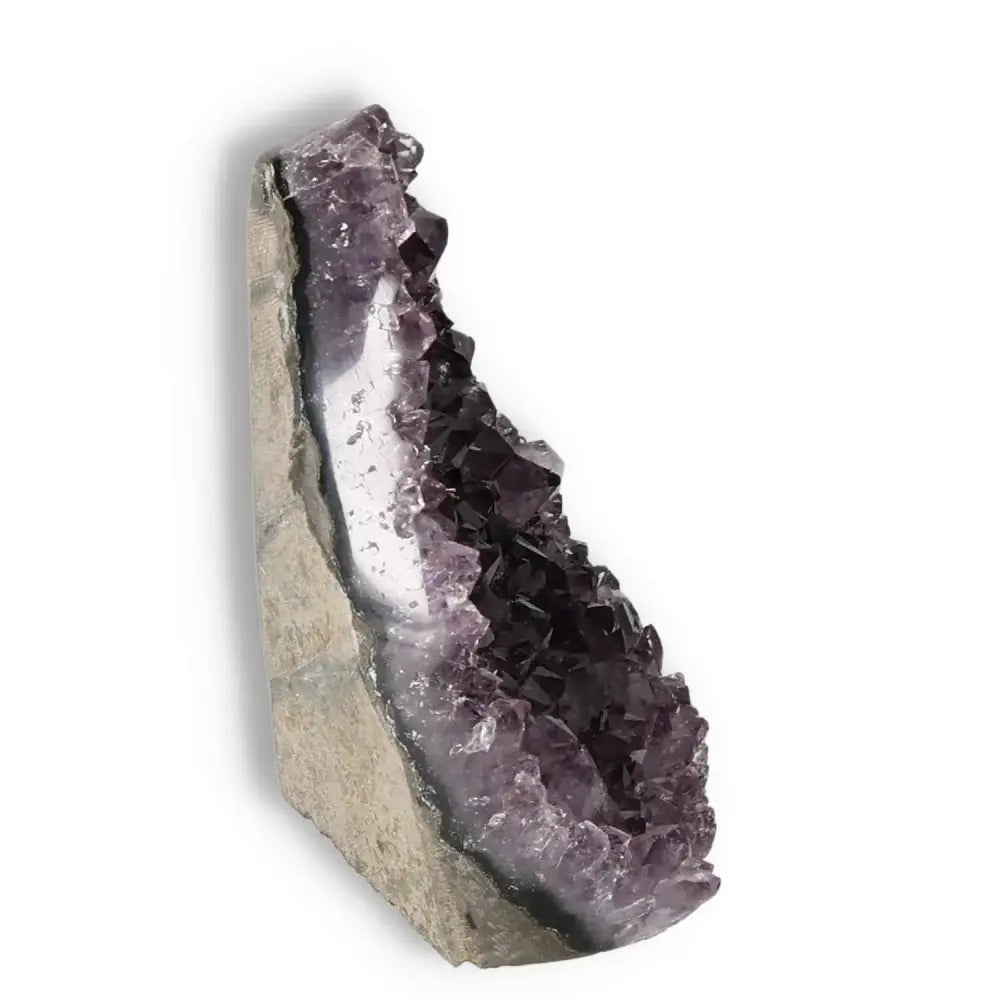 Amethyst cut base geode from Sylvia Crystals showcasing deep purple hues and natural formations, symbolizing tranquility and positive energy.