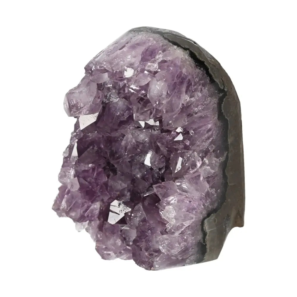 Amethyst cut base geode showcasing exquisite purple crystals from Sylvia Crystals, known for transformative energy and timeless elegance.