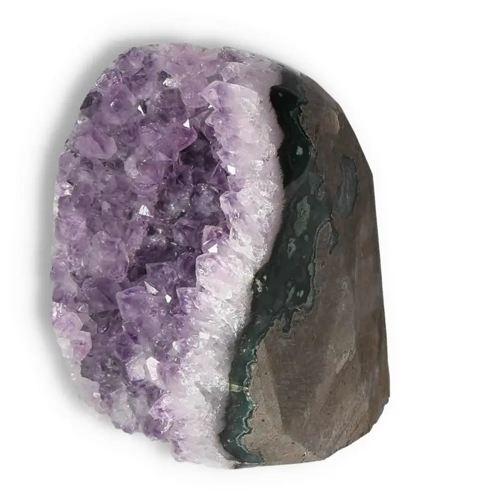 Elegant Amethyst cut base geode enhancing spiritual harmony and luxury, ideal for stress relief in home or office.
