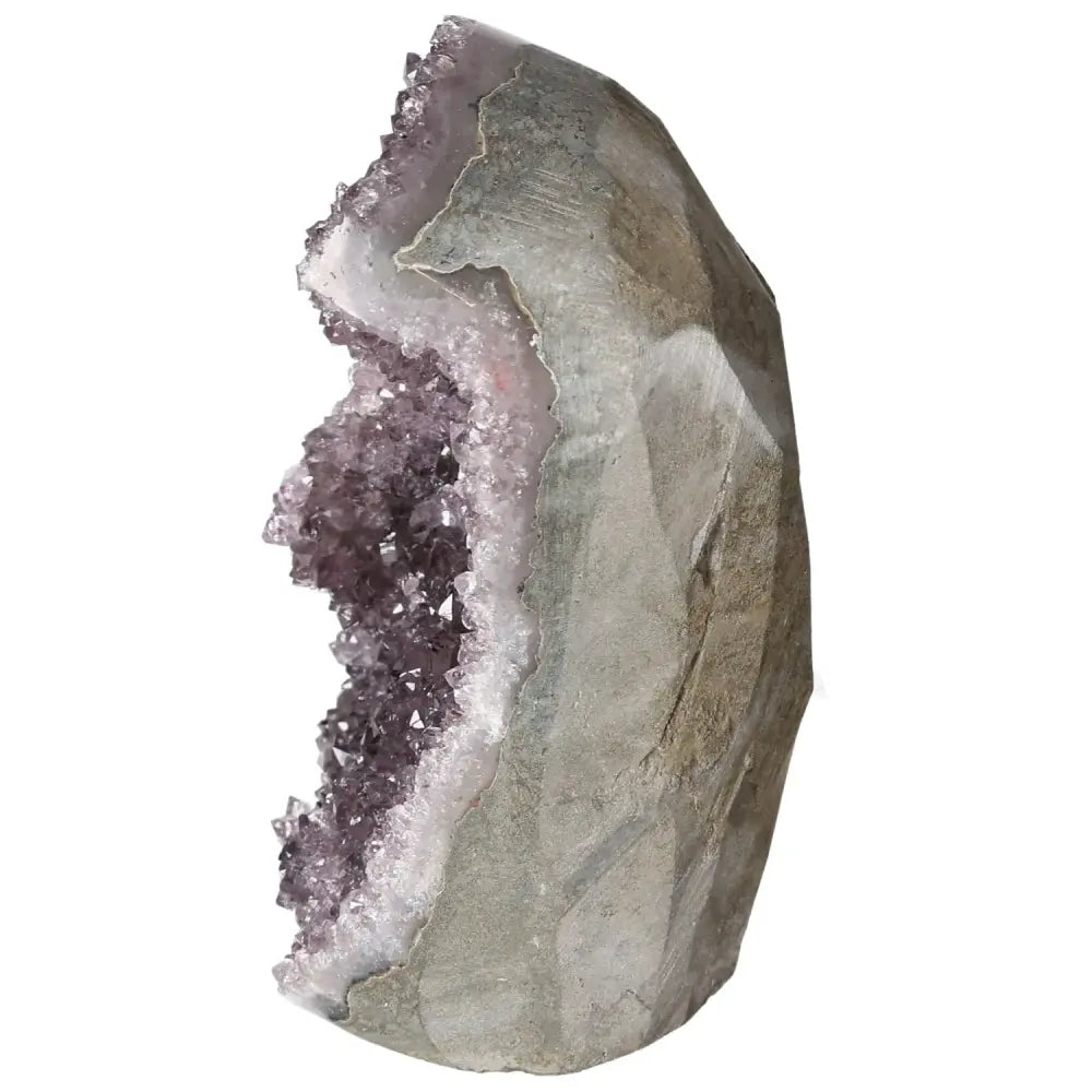 Amethyst cut base geode by Sylvia Crystals, showcasing sparkling purple crystals and natural stone, perfect for home decor and positive energy.