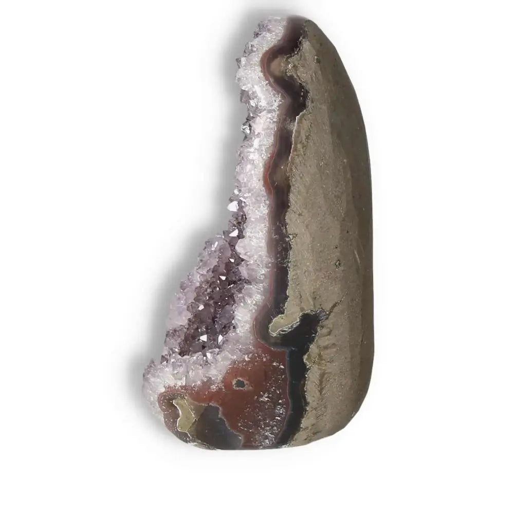 Amethyst cut base geode from Sylvia Crystals showcasing its sparkling crystals, ideal for home or office decor, promoting relaxation.