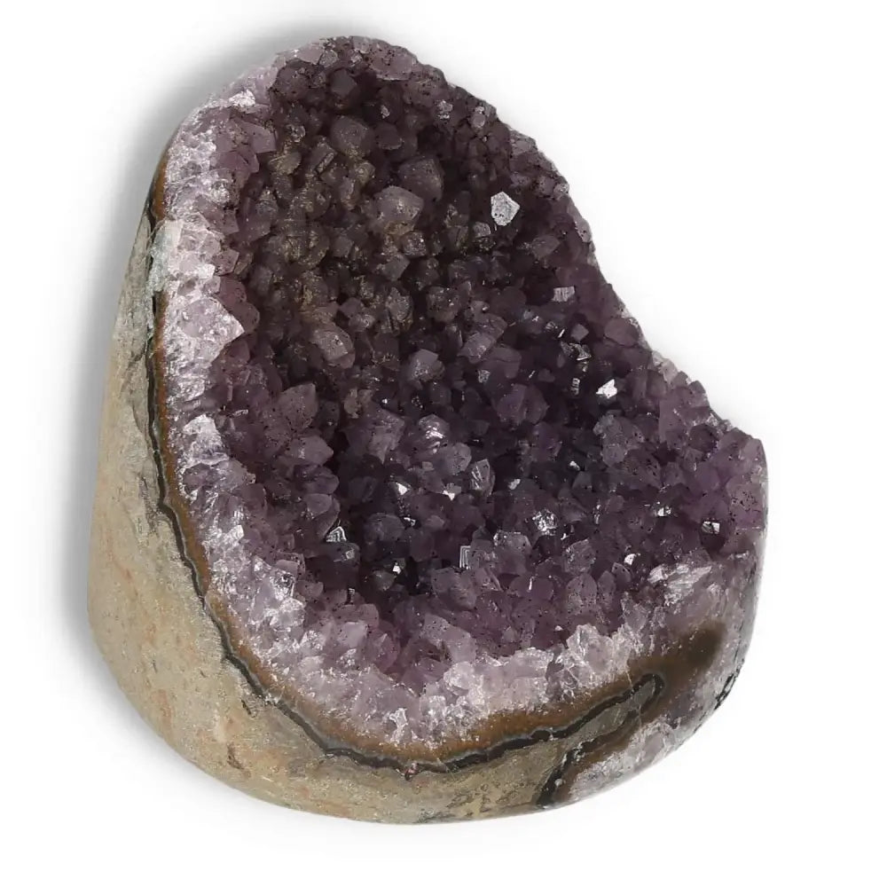 Amethyst cut base geode with radiant purple crystals, designed by Sylvia Crystals for stress relief and enhanced focus.