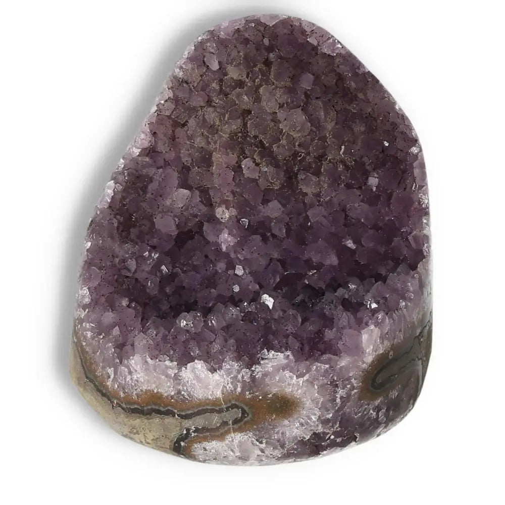Premium amethyst cut base geode from Sylvia Crystals; luxurious, radiant purple tones, enhances focus and emotional stability.