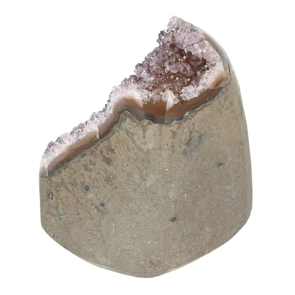 Amethyst cut base geode from Sylvia Crystals showcasing vibrant purple crystals and harmonious artistry.