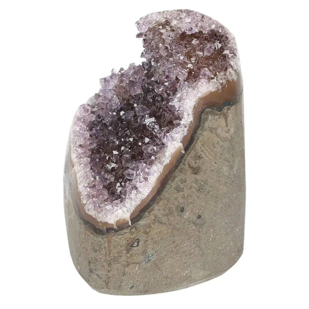 Amethyst cut base geode with vibrant purple crystals, showcasing artistic craftsmanship and promoting tranquility and spiritual harmony.