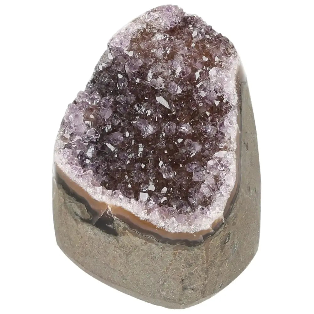 Amethyst cut base geode by Sylvia Crystals showcasing purple crystal formations, serving as a luxury centerpiece and tranquility beacon.