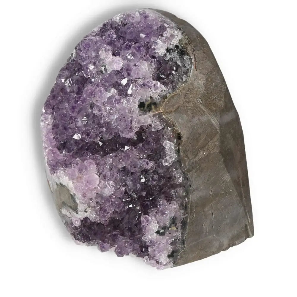 Amethyst cut base geode with sparkling violet crystals from Sylvia Crystals, enhancing mental wellness and reducing stress.