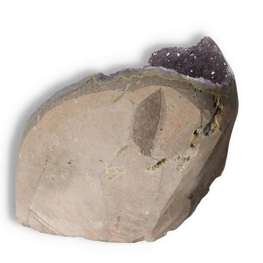 Amethyst cut base geode with purple crystals from Sylvia Crystals, known for stress relief and spiritual energy enhancement.