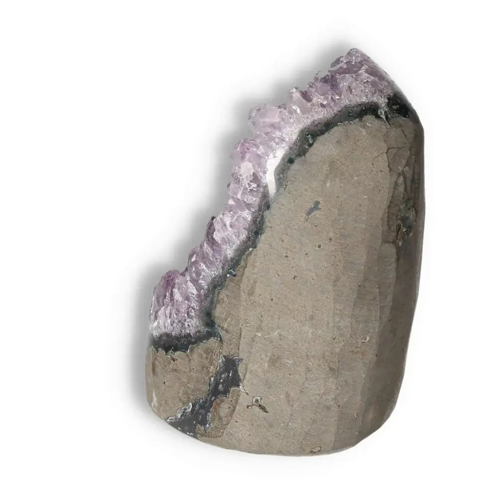 Amethyst cut base geode by Sylvia Crystals; handpicked for stress relief and energy; enhances personal space; ideal home decor.