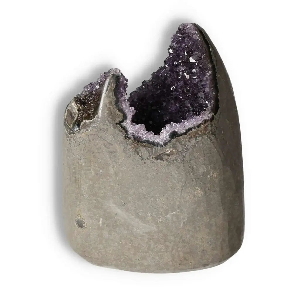 Amethyst cut base geode from Sylvia Crystals, showcasing vibrant purple crystals and a natural rock exterior.