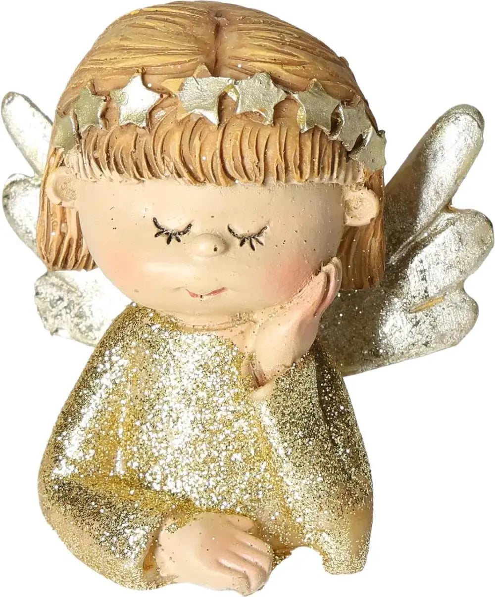 Poly gold angel head figurine with glitter accents and star crown, featuring serene expression and shimmering details.