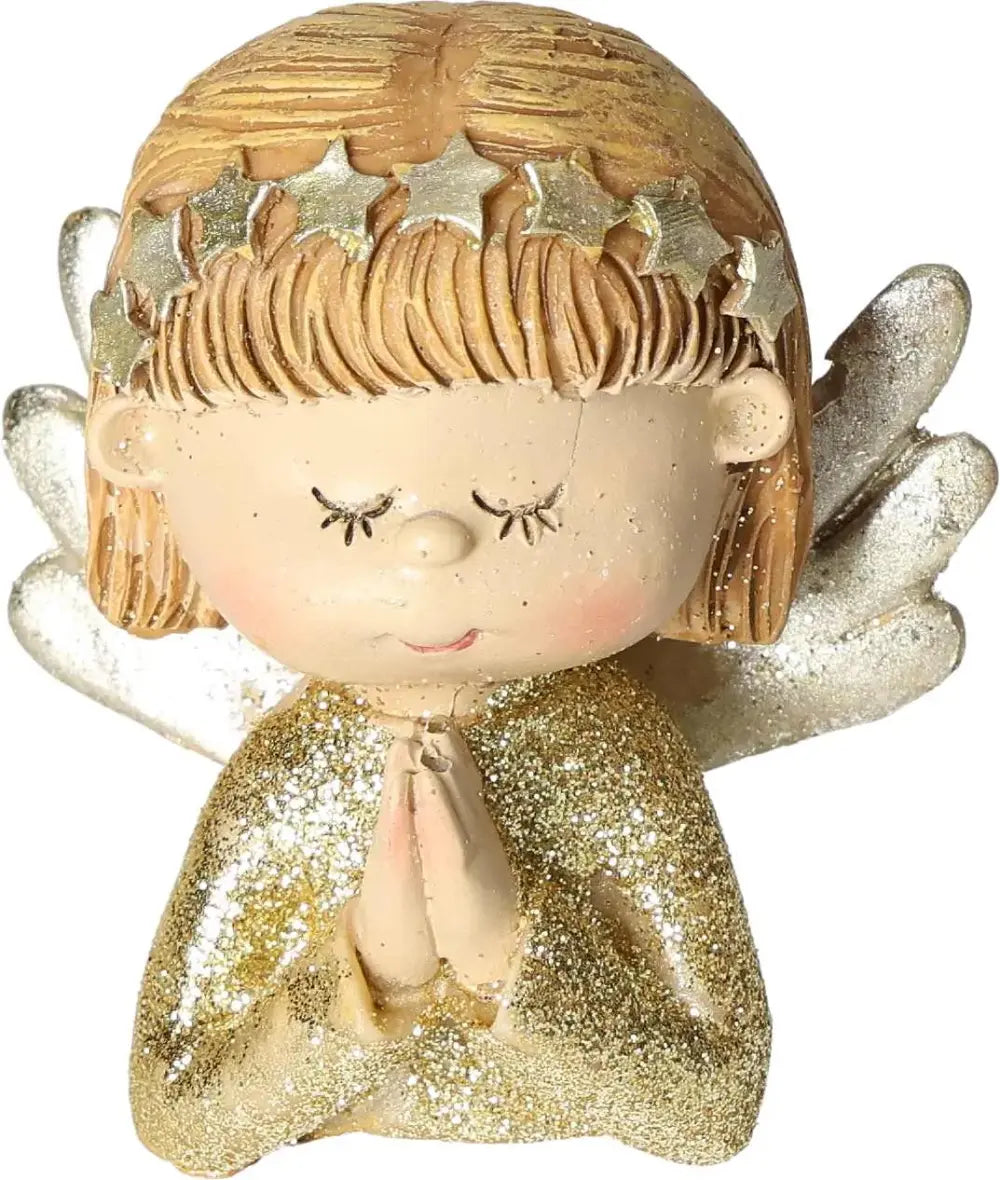 Polymer angel head with glittery golden finish, featuring stars in hair, clasped hands, and wings. Decorative sculpture.
