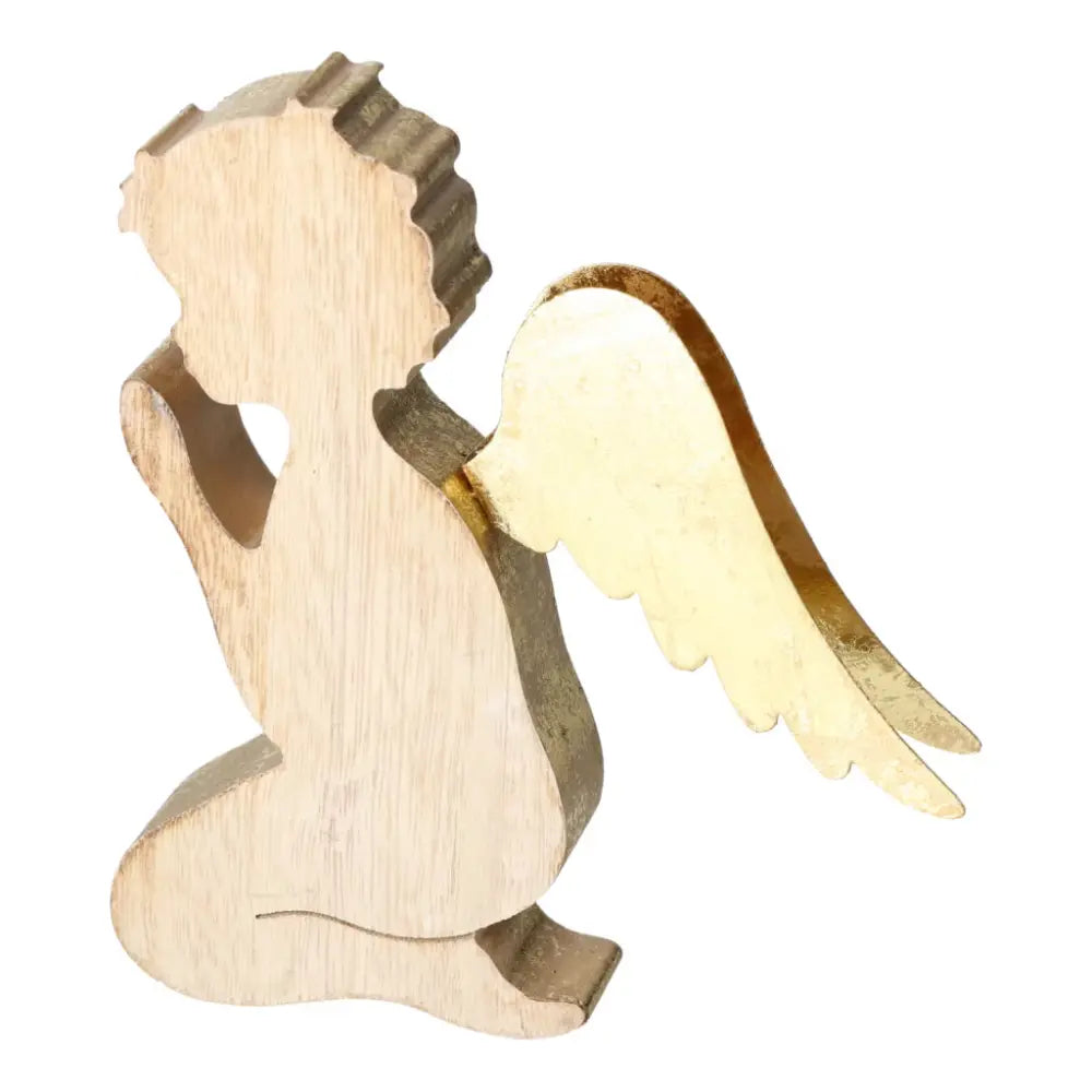Decorative angel figure in gold with wooden body and metal wings, perfect for ornaments or gifts.