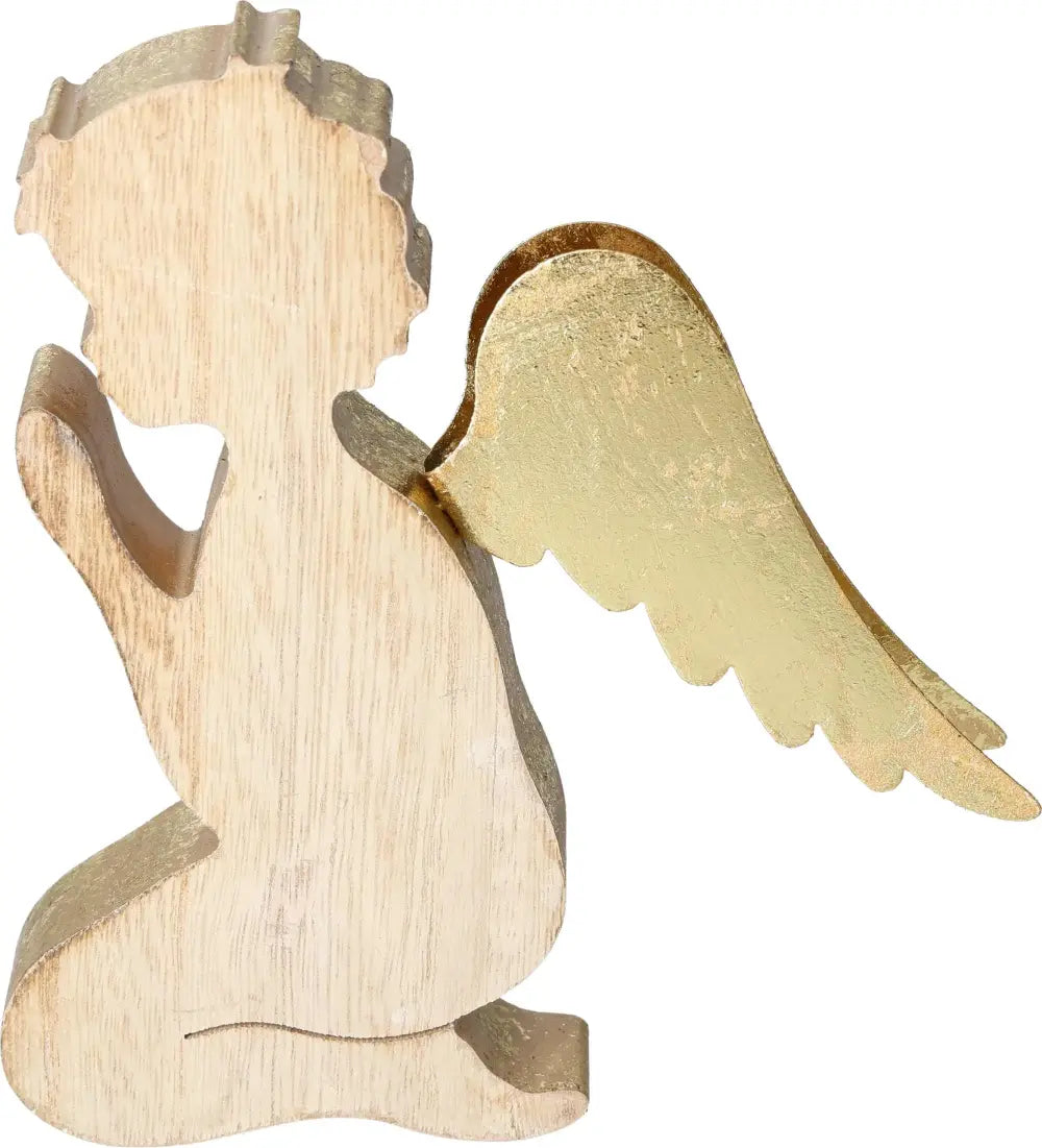 Wooden and metal angel figurine with gold accents, featuring detailed wings and a serene design. Ideal for home decor and gifting.
