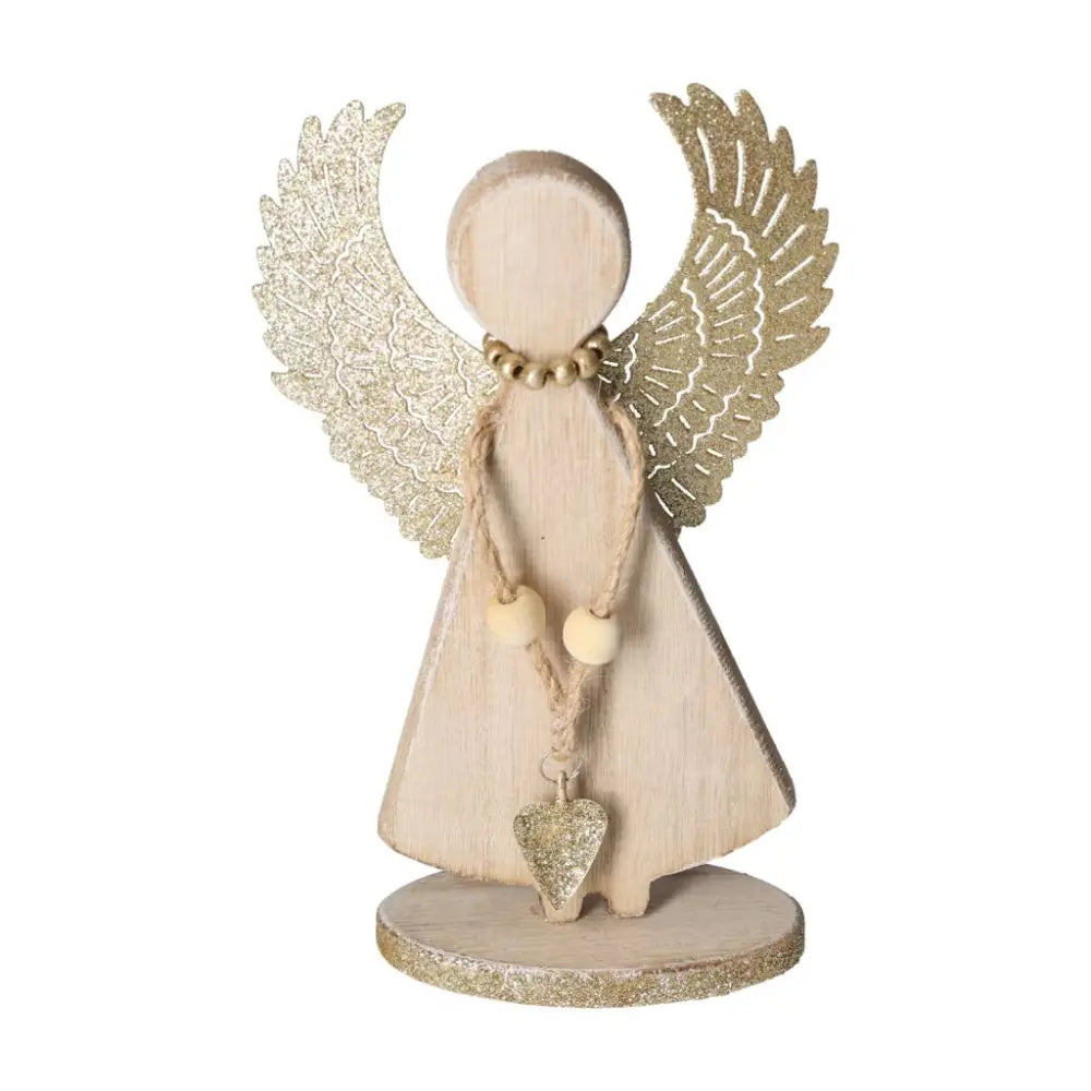 Wooden angel figurine with shimmering metal wings and beaded necklace, standing upright on a round base.