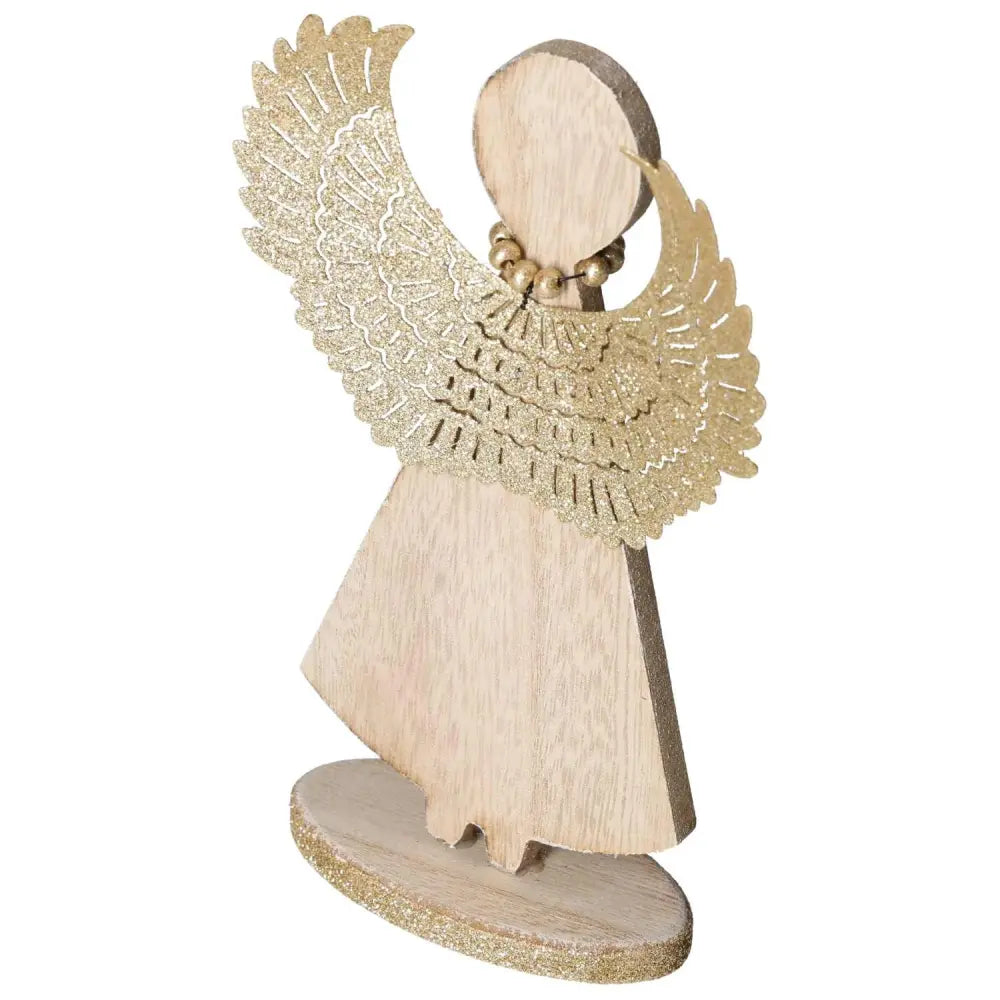 Wooden angel figurine with intricate metal wings on display