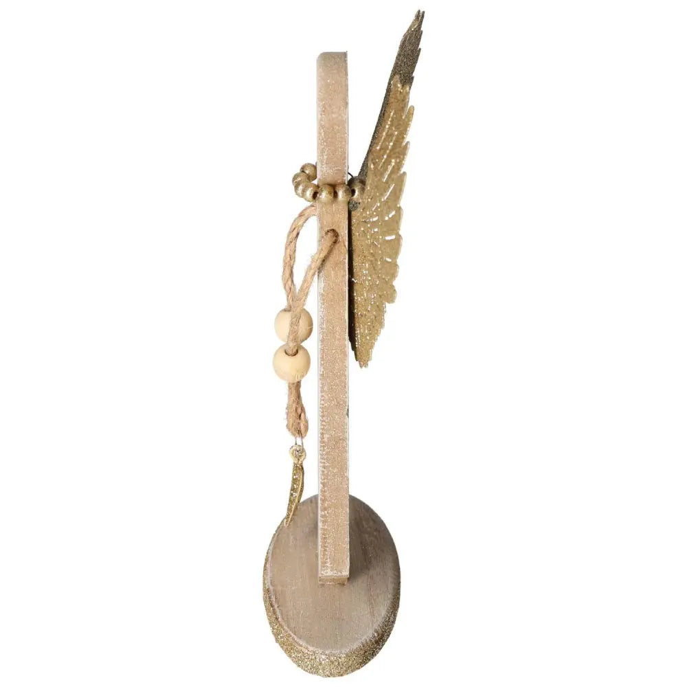 Side view of decorative wooden angel with metallic wings, featuring detailed craftsmanship and elegant design.