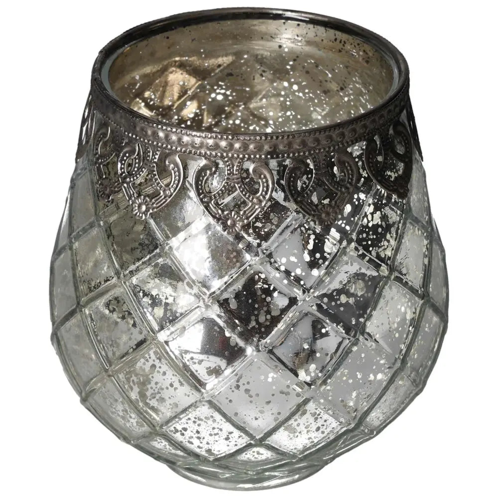 Vintage-inspired glass lantern with intricate silver detailing, showcasing elegance and timeless antique style.