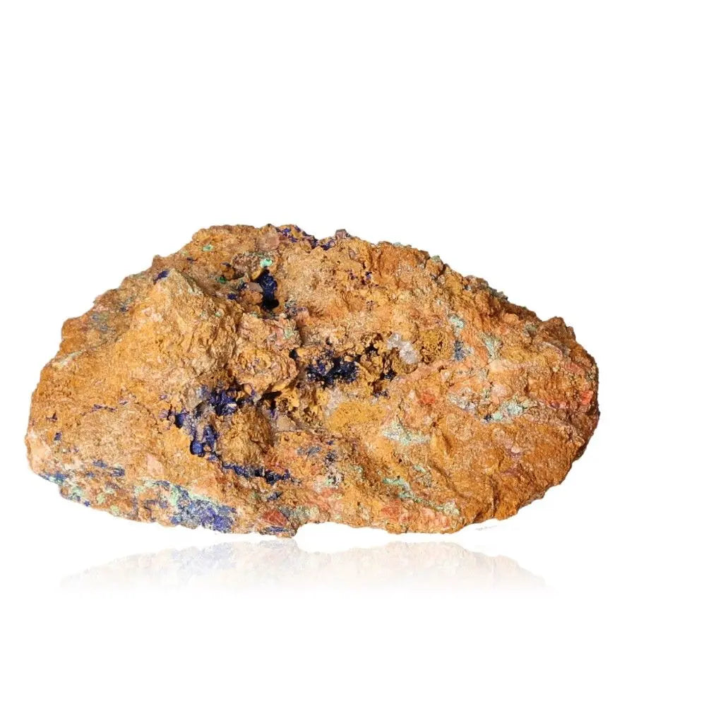 Natural azurite rock with rich copper hues and deep blue patterns, known for enhancing mental clarity and self-awareness. Ideal for collectors.