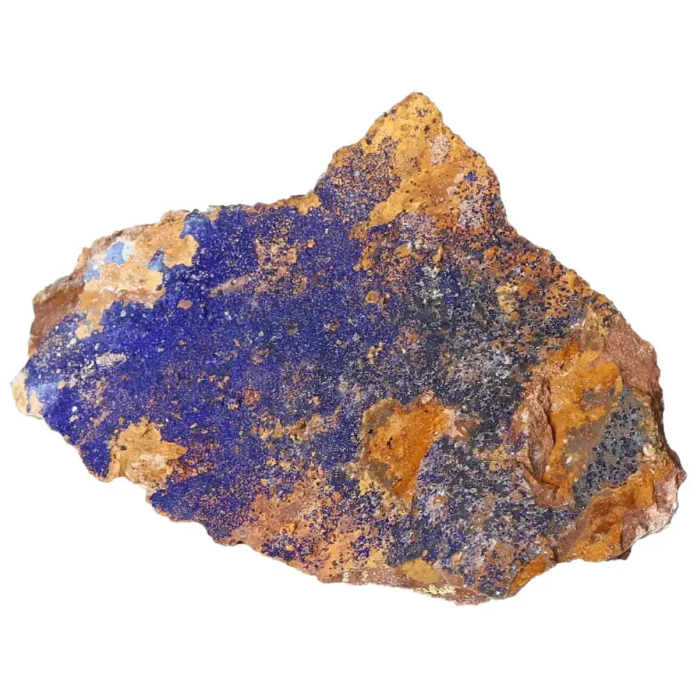 Azurite mineral with deep blue hues and copper patterns, known for enhancing mental clarity and supporting personal growth.