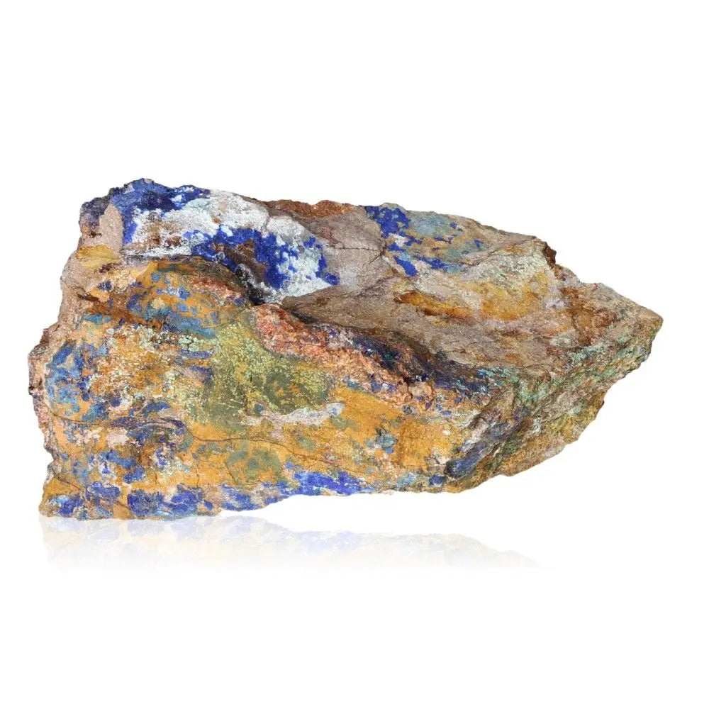 Azurite druze stone with vibrant blue hues, enhancing intuition and spiritual insight, displayed on a reflective surface.