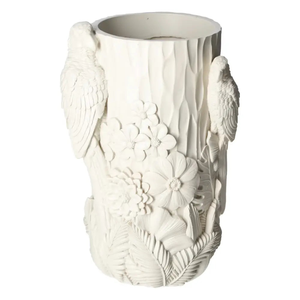 Beige polyresin vase with intricate bird and flower motifs, 19x16x29, exuding timeless elegance by Sylvia Crystals.