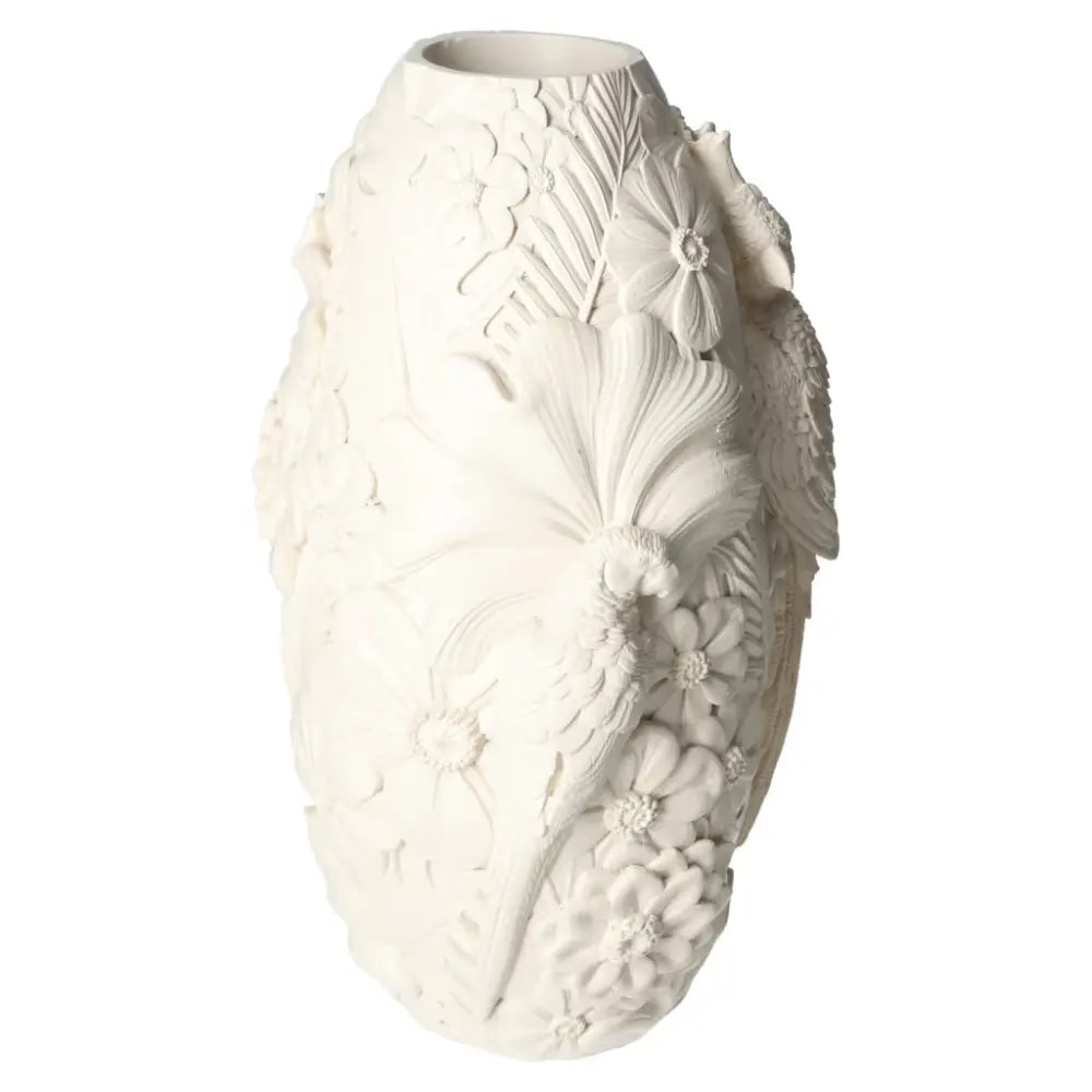 Beige polyresin vase with intricate bird and floral motifs, measuring 16x15,5x29,5, ideal for elegant and mindful home decor.