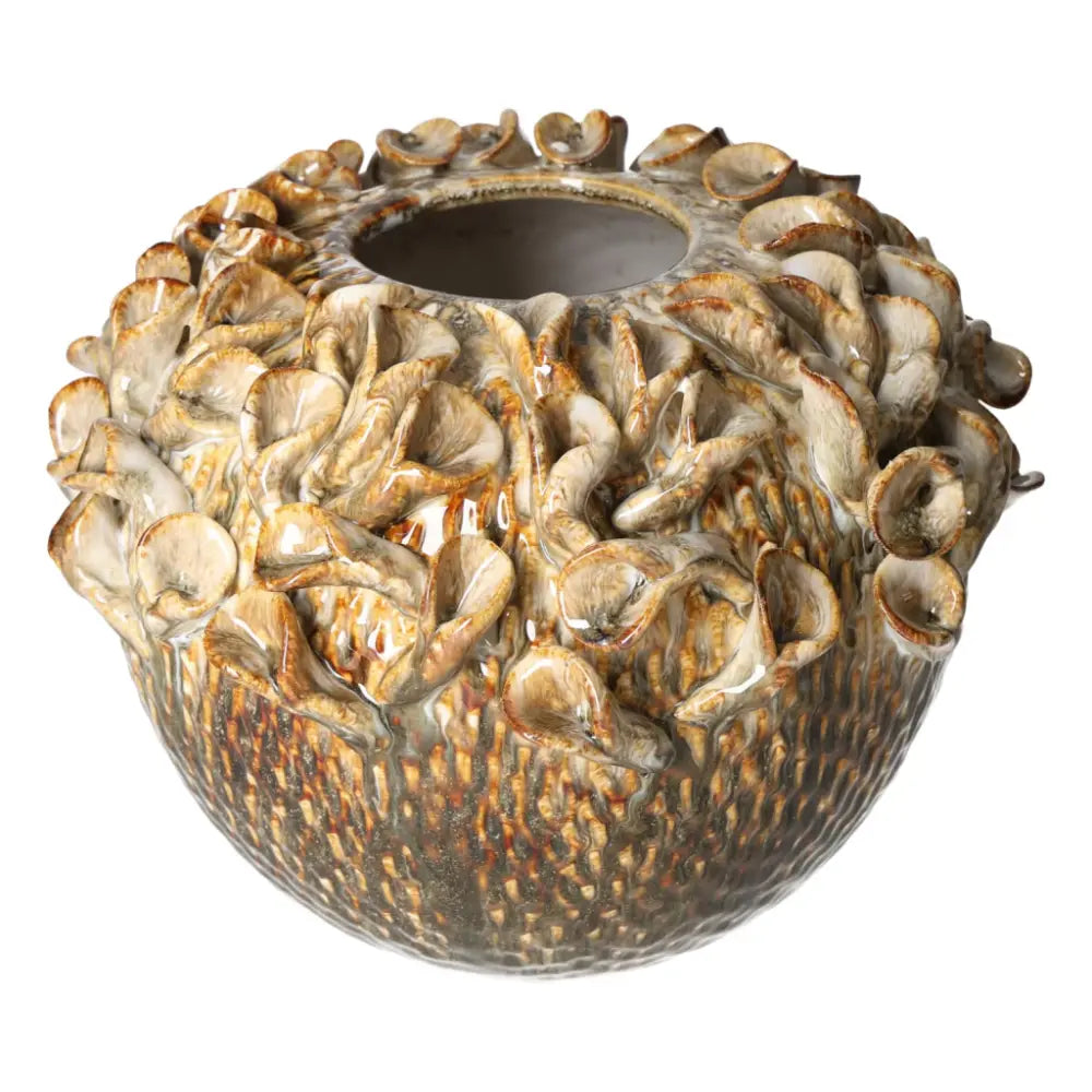 Unique beige stoneware vase with intricate floral design, handpicked by Sylvia Crystals, embodying elegance and conscious living.