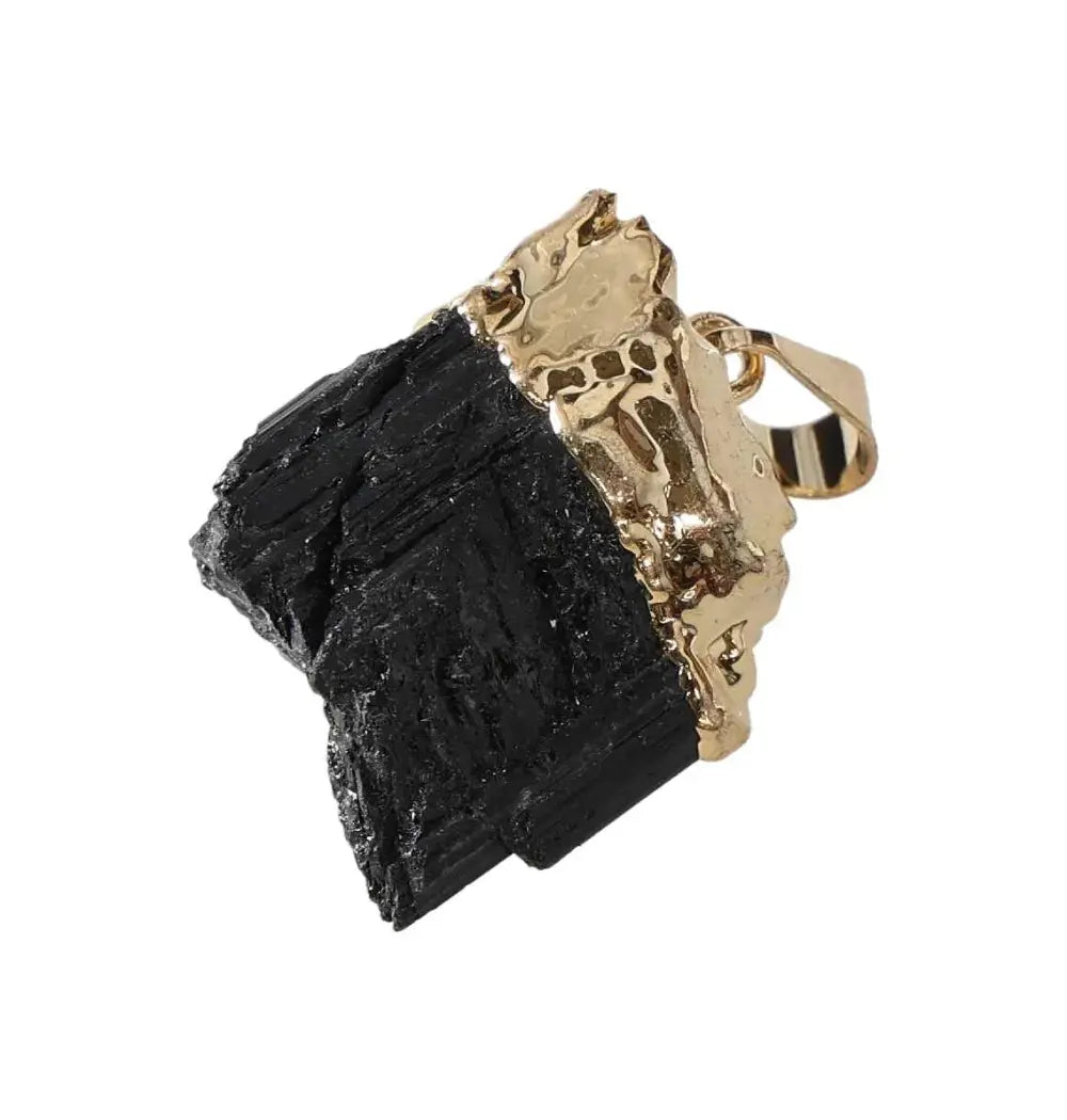 Gold-finished black tourmaline pendant displaying raw crystal texture, perfect for adding a touch of elegance and protection.