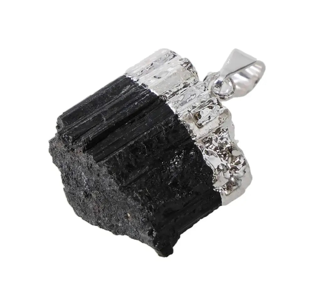 Black Tourmaline Pendant in Silver Mounting - Small Size, Rough Crystal Design