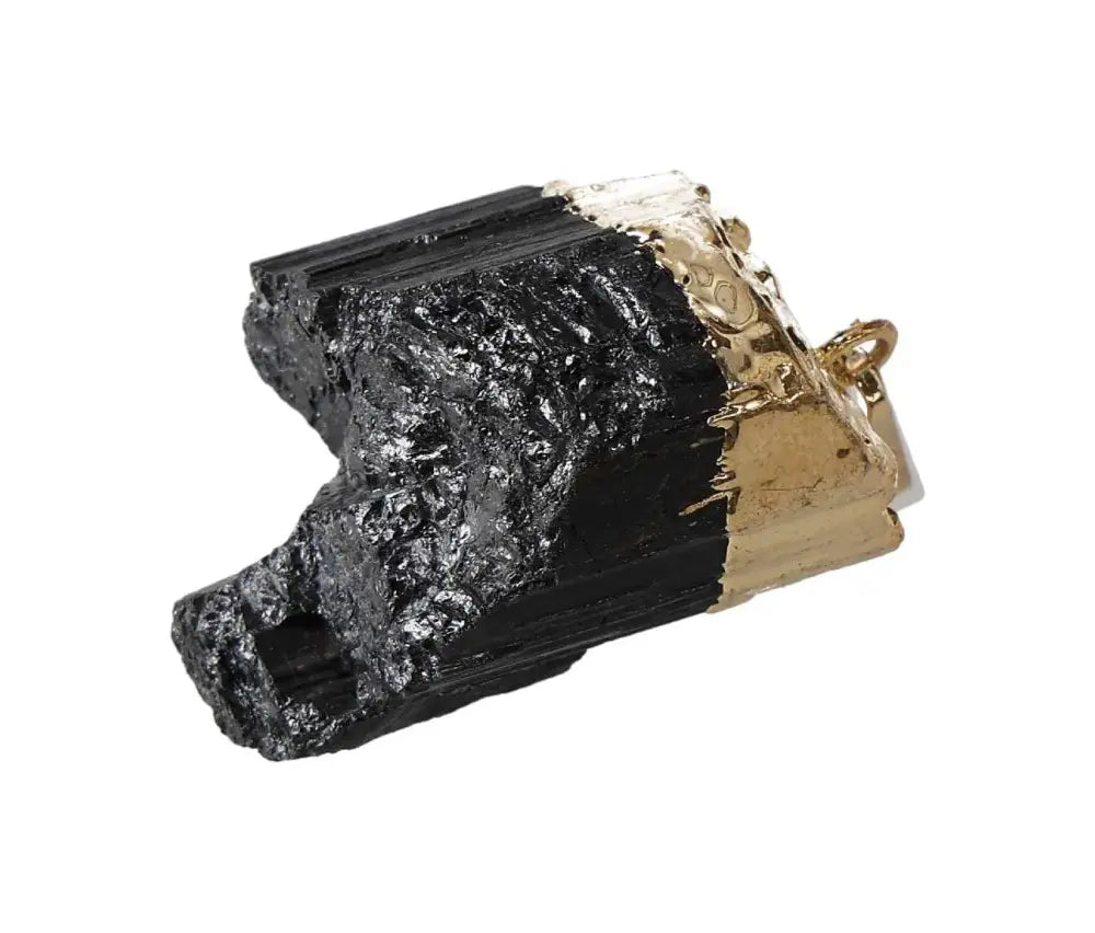 Gold-accented black tourmaline pendant showcasing natural texture and raw elegance, perfect for jewelry enthusiasts.