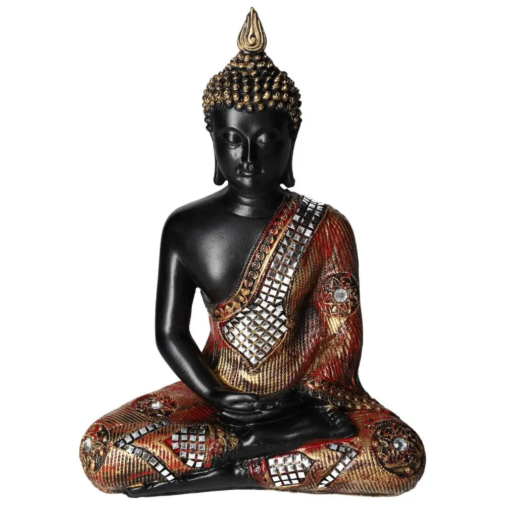Luxurious black and gold Buddha statue made of polyresin with intricate details, evoking mystery and spirituality, by Sylvia Crystals.