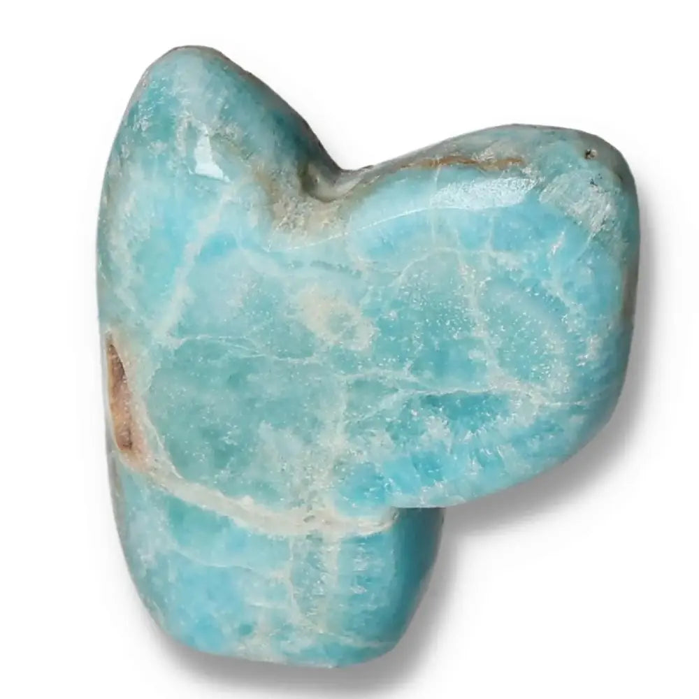 Polished Blue Aragonite crystal with soothing blue hues, sourced from Pakistan, promoting tranquility and emotional balance.