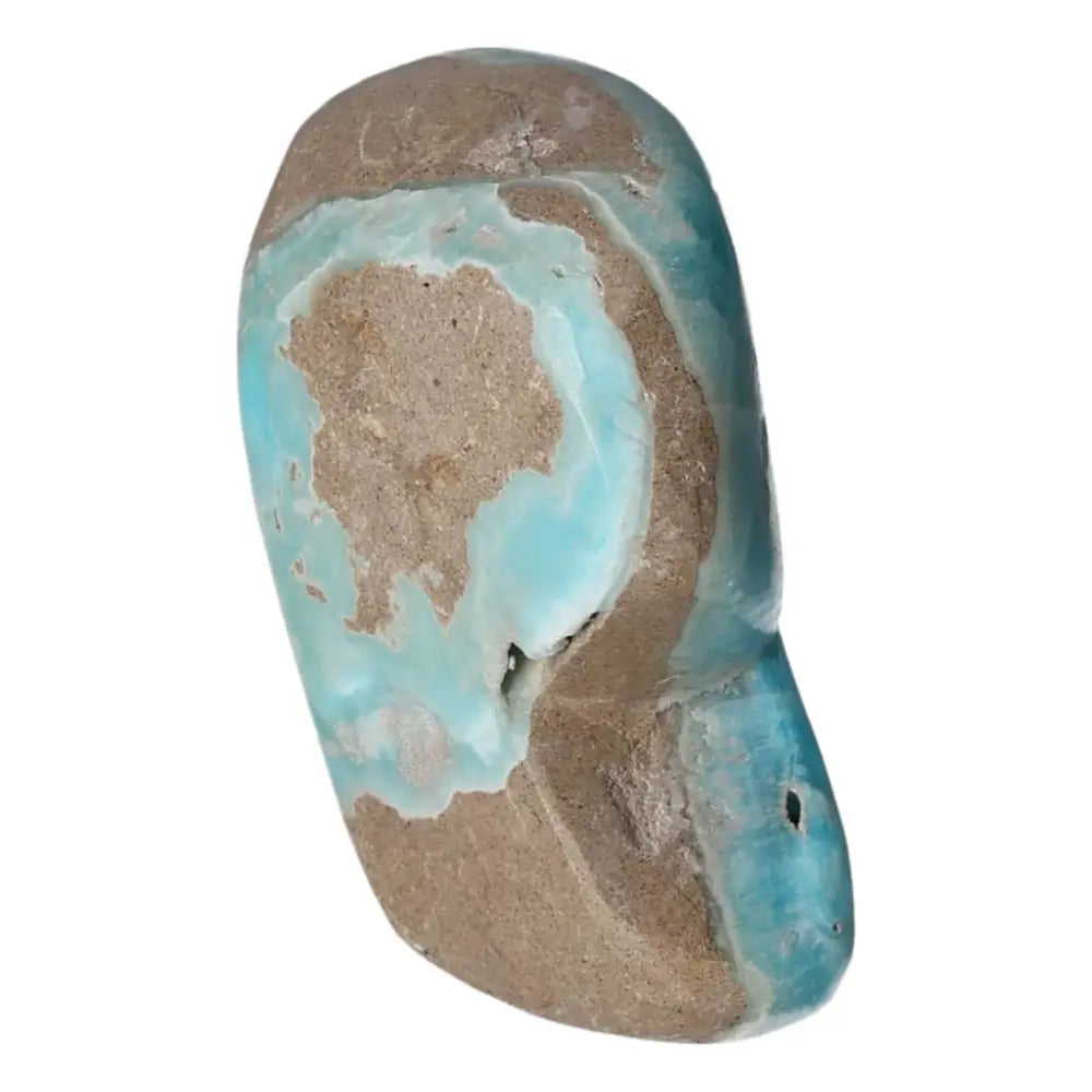 Raw blue aragonite crystal with earthy tones showcasing natural texture and vibrant blue hues, ideal for tranquility and communication enhancement.