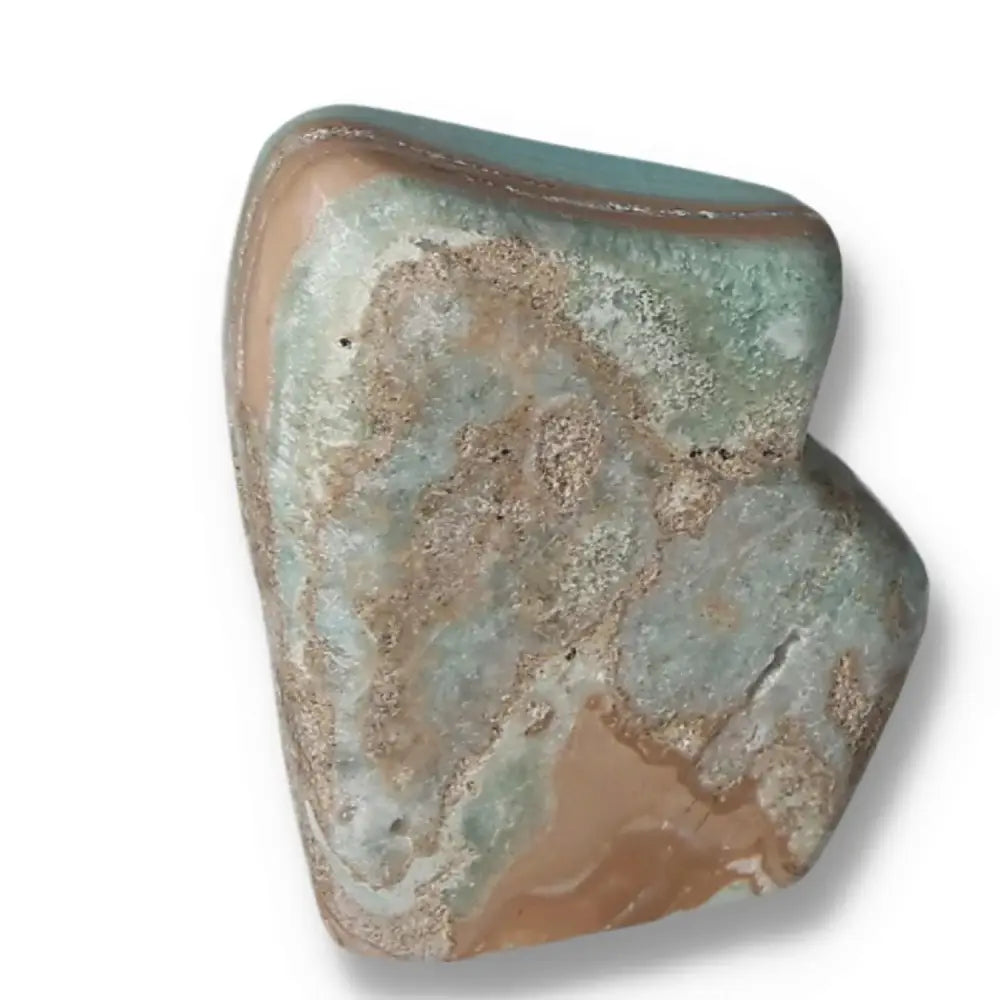 Polished blue aragonite stone with earthy tones showcasing natural textures and patterns, known for grounding and stabilizing properties.