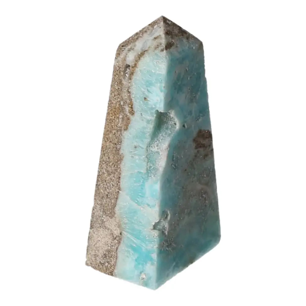 Blue Aragonite Tower crystal with soothing blue hues for emotional healing and meditation, ideal for home décor.