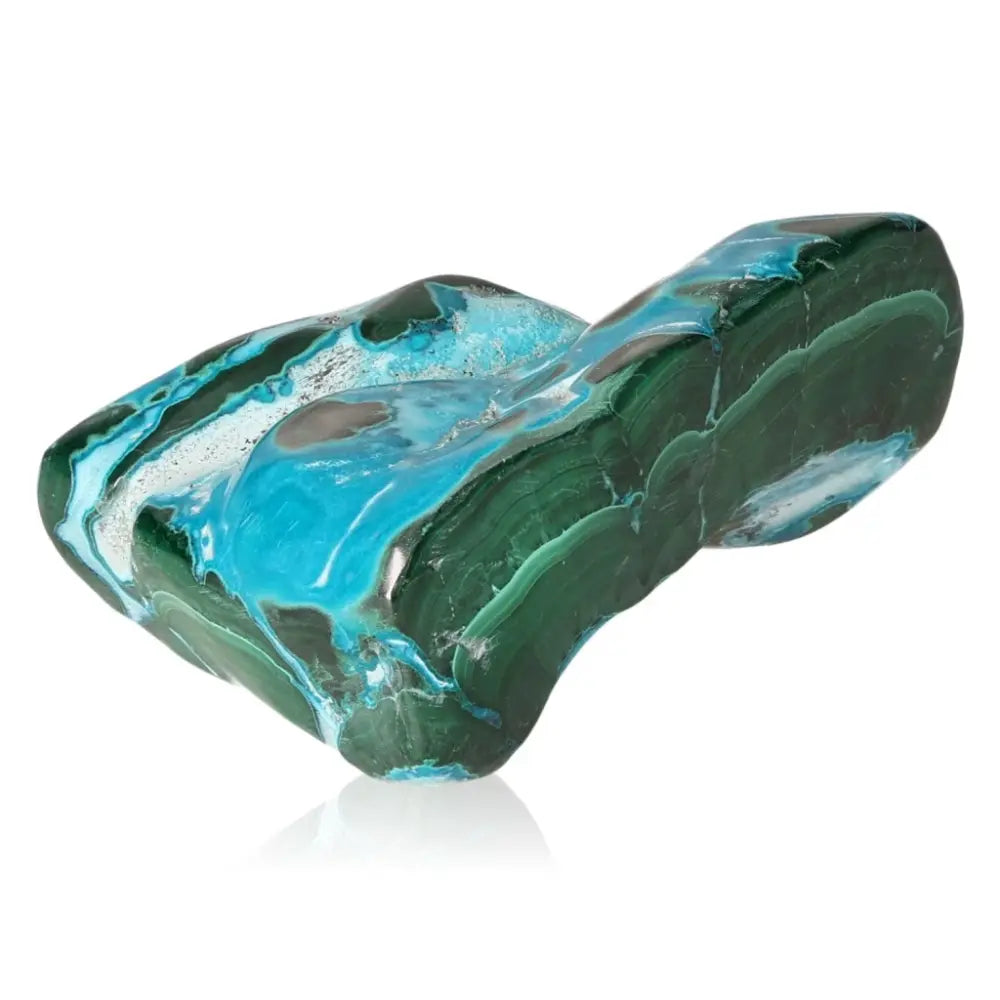 Blue Chrysocolla with Malachite gemstone showcasing vibrant blue and green hues, known for calming and transformation benefits.