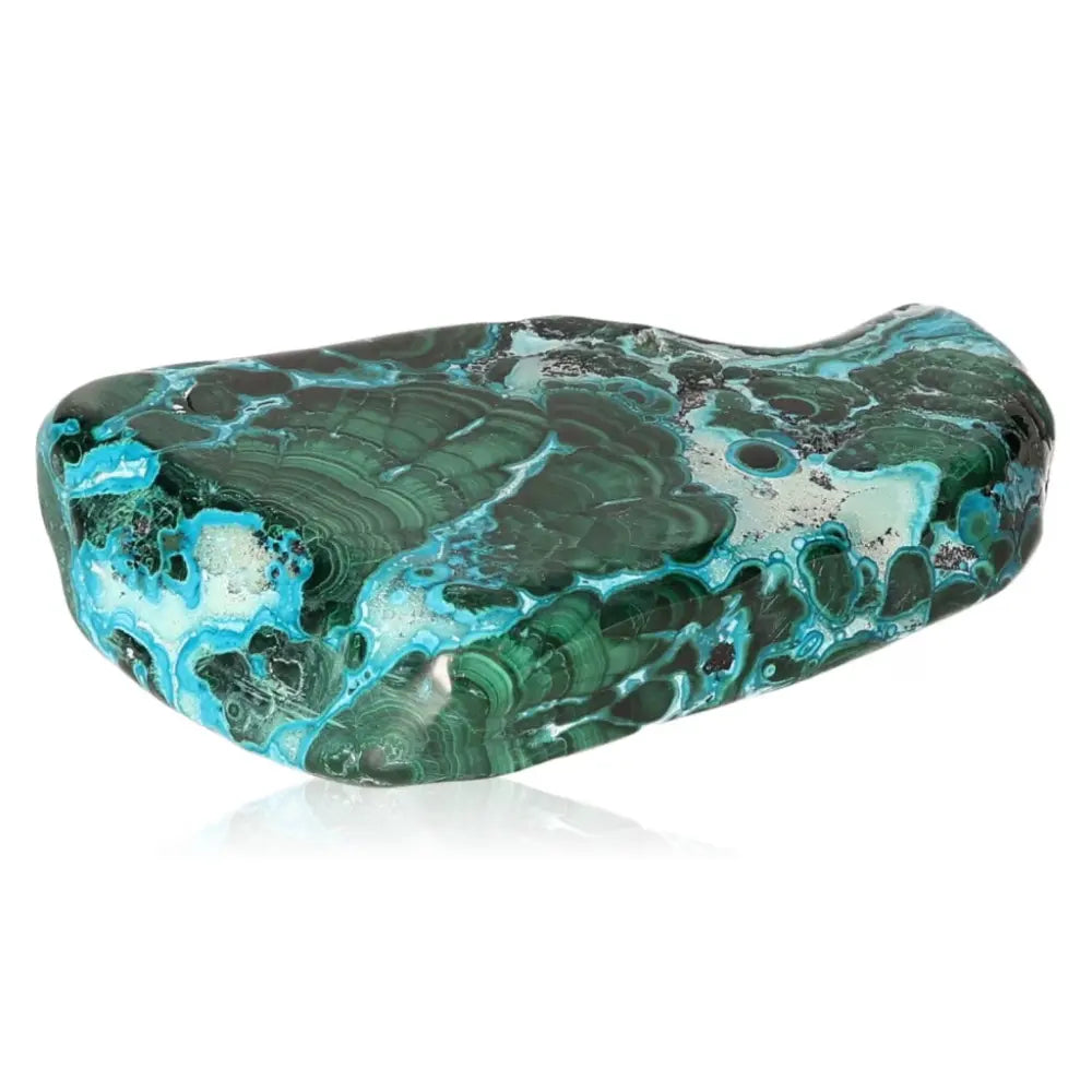 Blue Chrysocolla with Malachite gemstone showcasing vibrant blue and green patterns, symbolizing tranquility and transformation.
