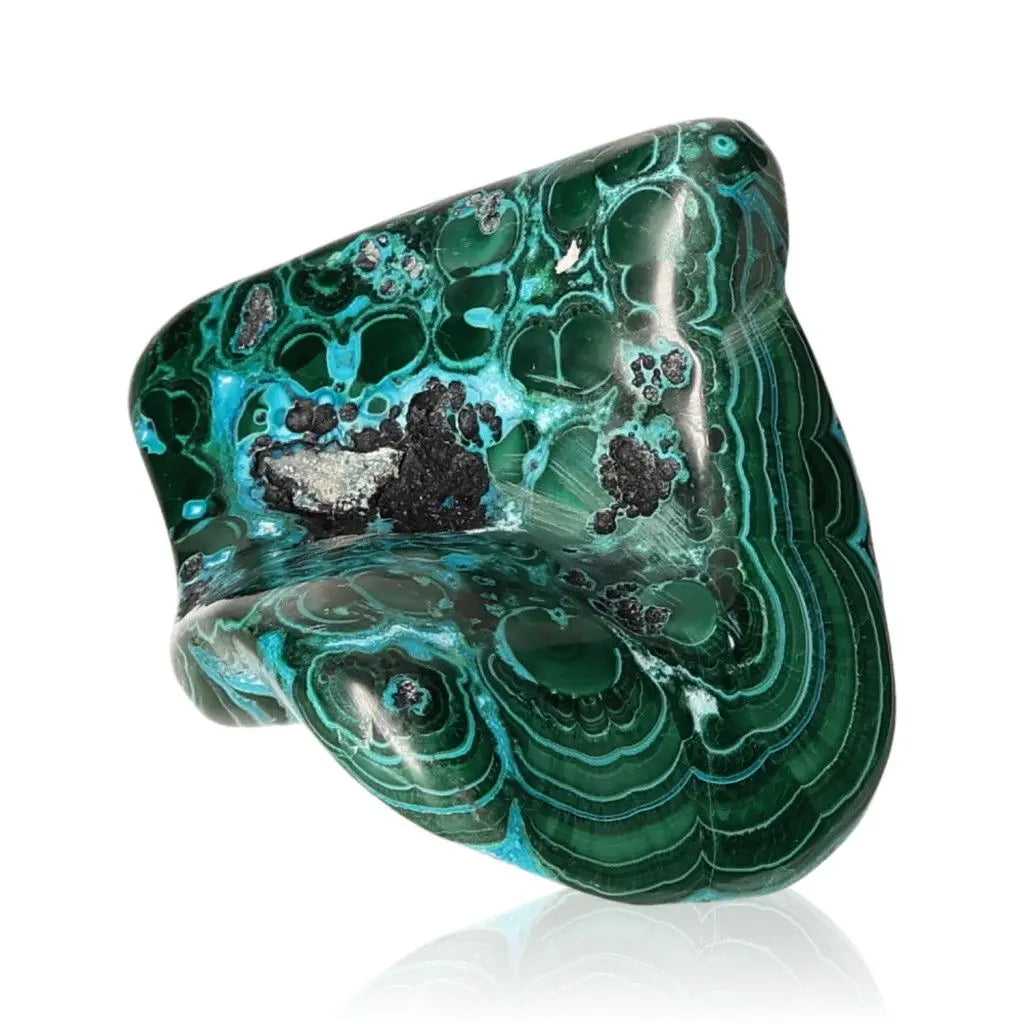 Blue Chrysocolla with Malachite gemstone displaying vibrant blue and green patterns, symbolizing tranquility and transformation.