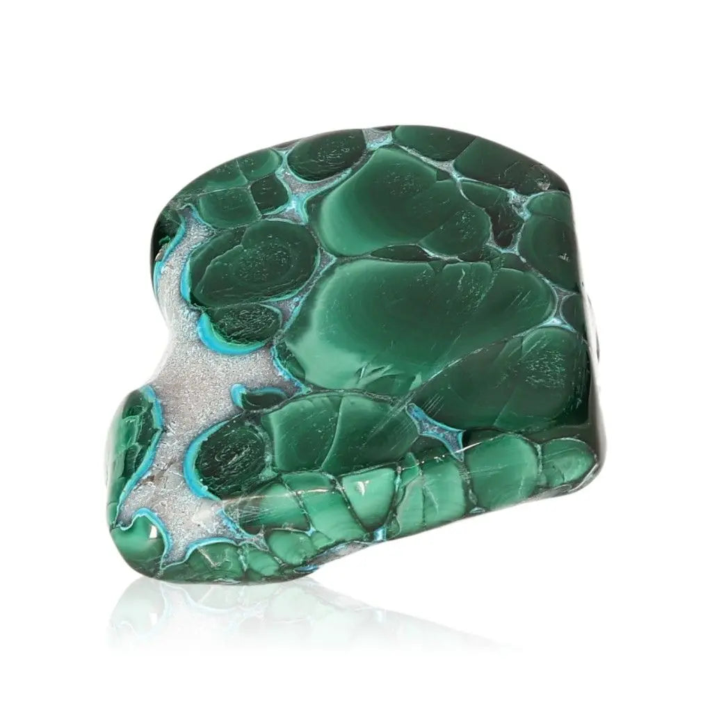 Blue Chrysocolla with Malachite gemstone, showcasing calming blue and green hues for emotional healing and stress reduction.