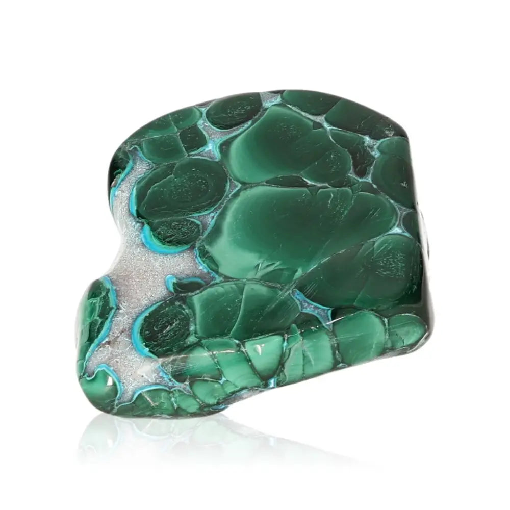 Blue Chrysocolla with Malachite gemstone featuring calming and transformative properties for emotional healing and stress reduction.