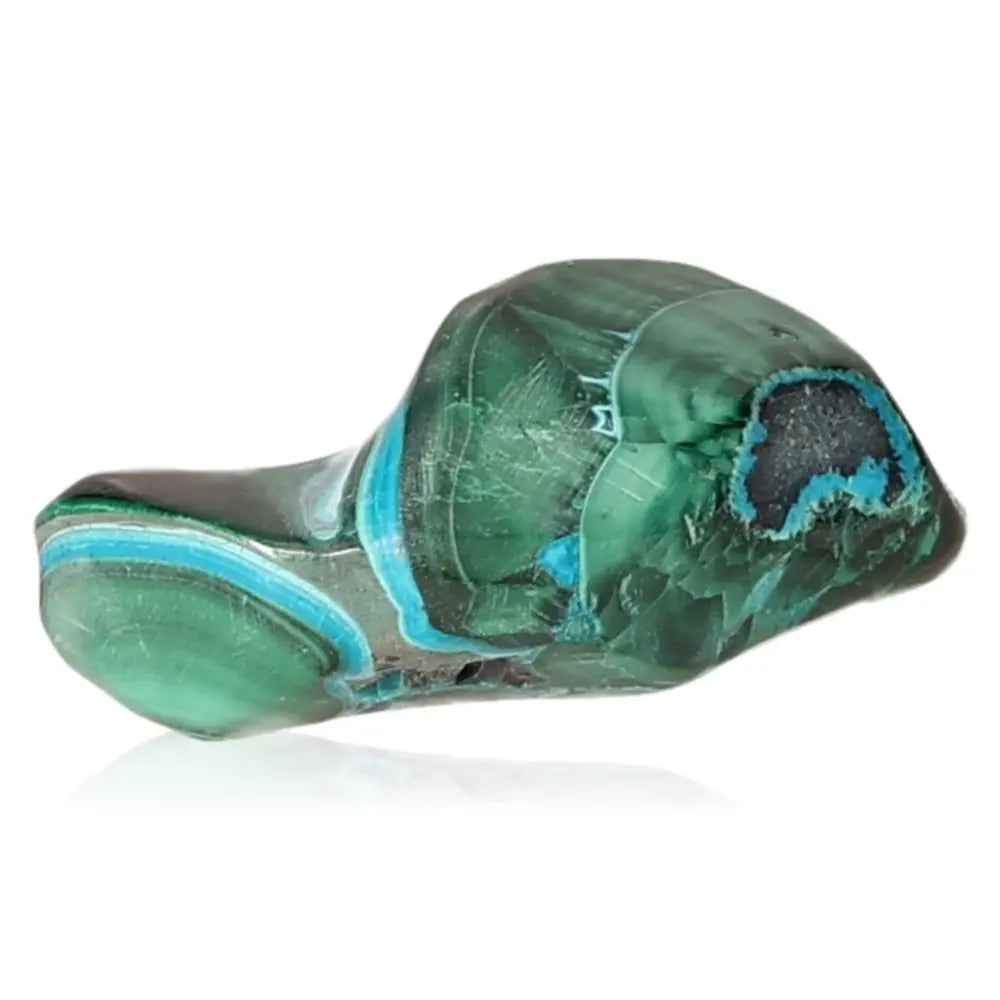 Blue Chrysocolla with Malachite gemstone, showcasing vibrant hues and patterns, known for its calming and transformative energy.