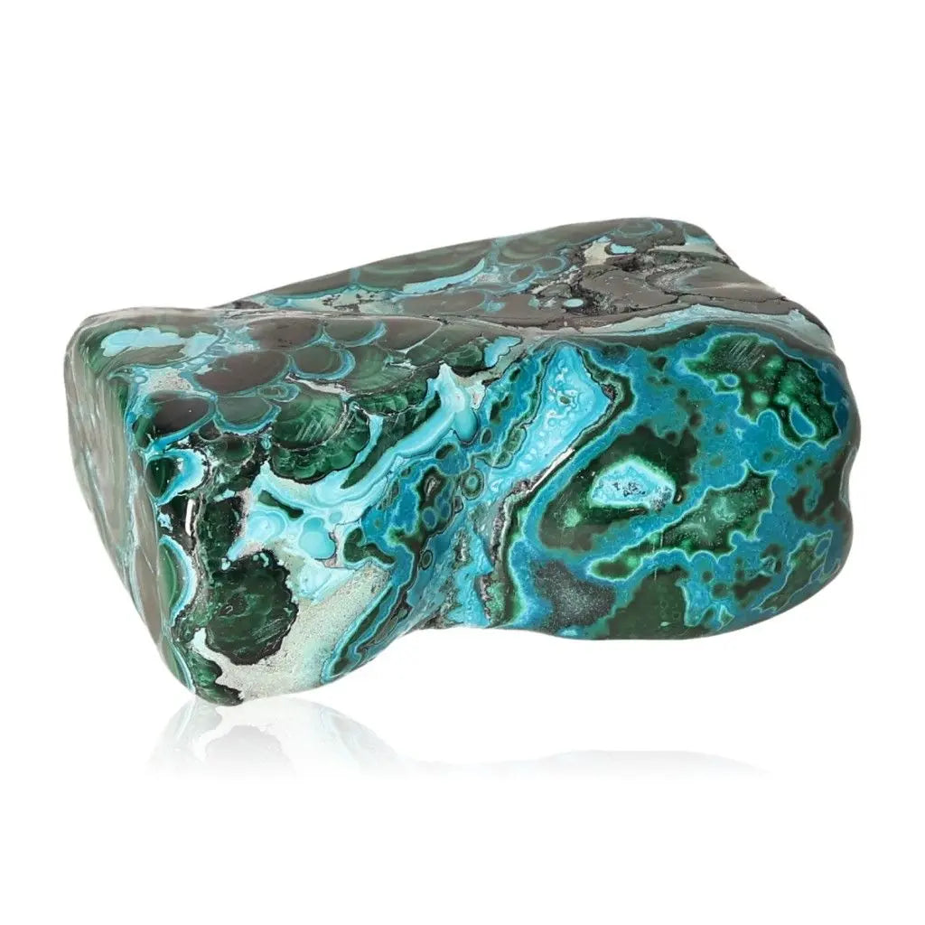 Blue Chrysocolla with Malachite gemstone, known for its calming and transformative properties, perfect for collectors and healers.