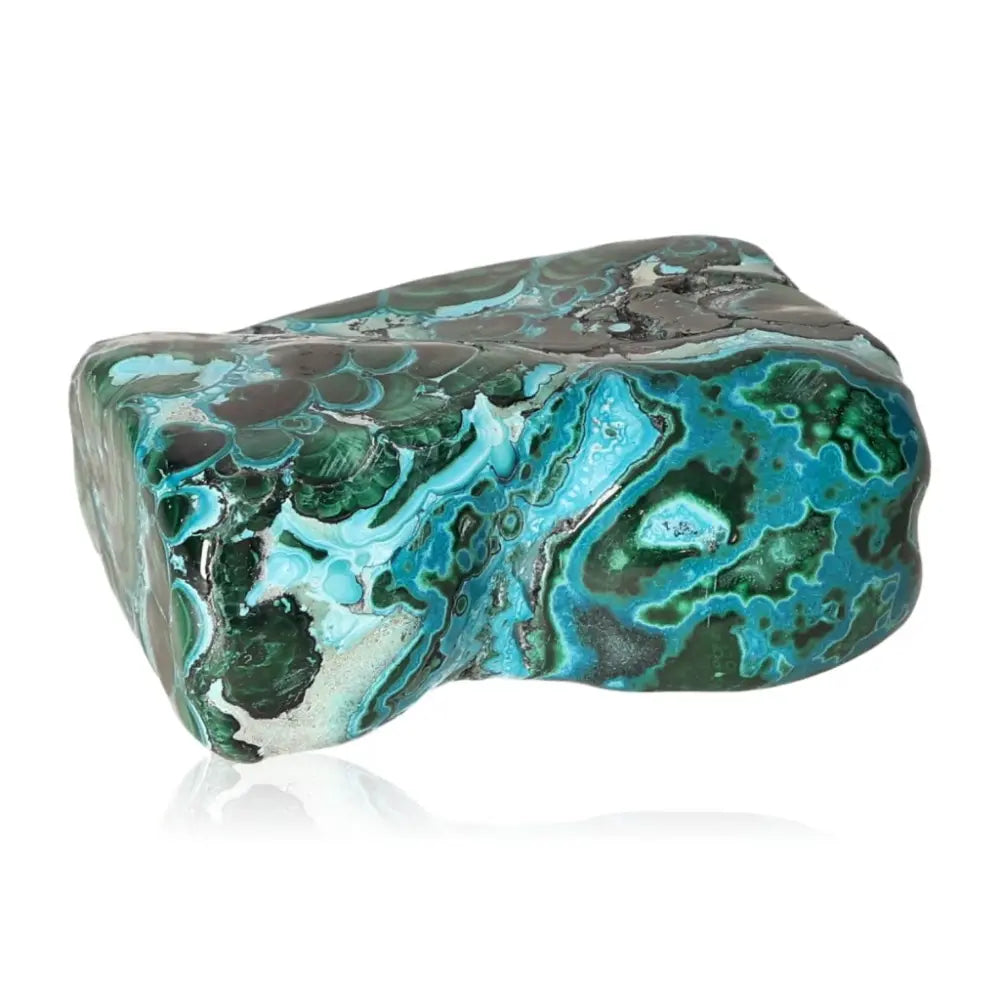 Blue Chrysocolla with Malachite gemstone, known for emotional healing and stress reduction, showcasing vibrant blue and green hues.