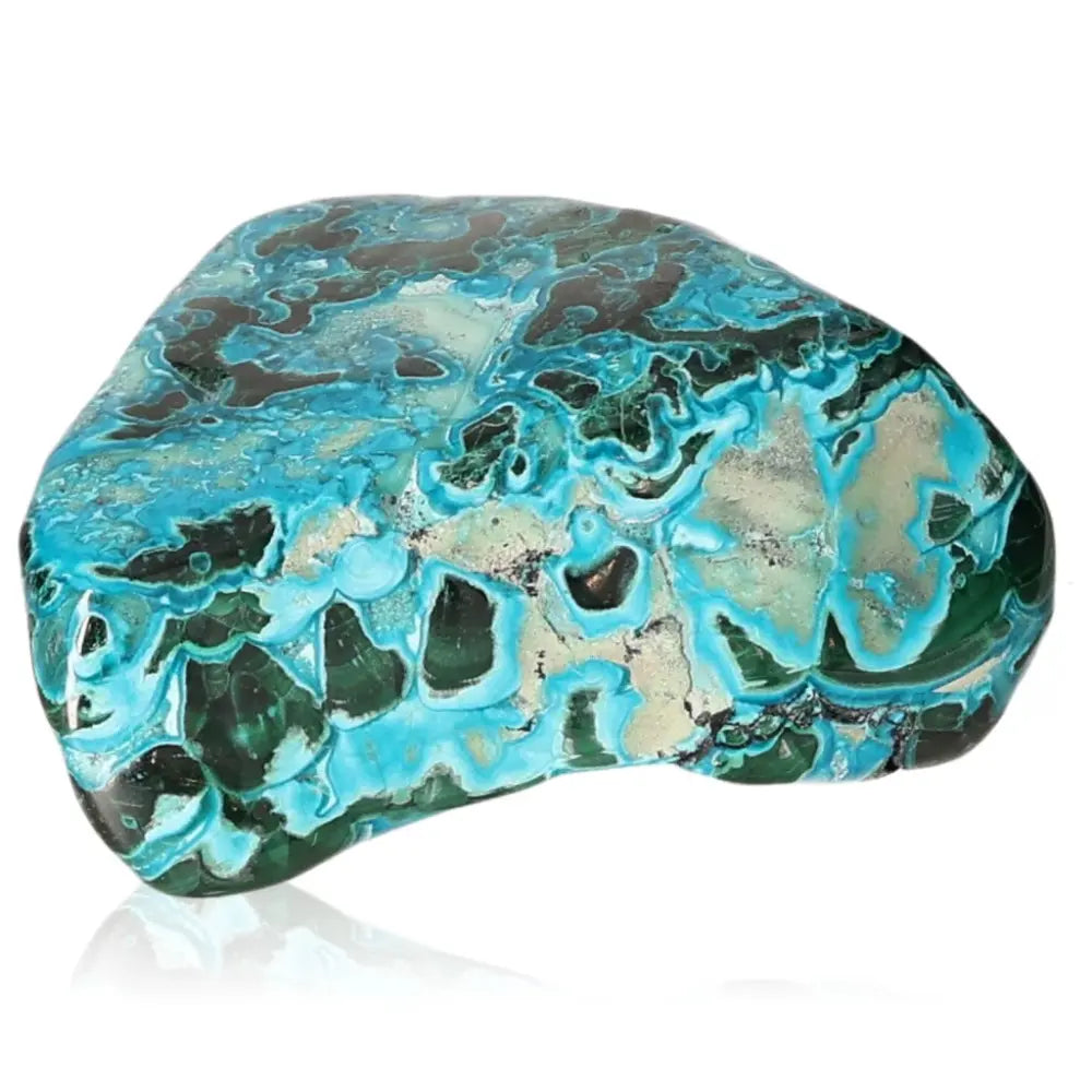 Blue Chrysocolla with Malachite gemstone showcasing vibrant blue and green hues, known for its calming and transformative properties.