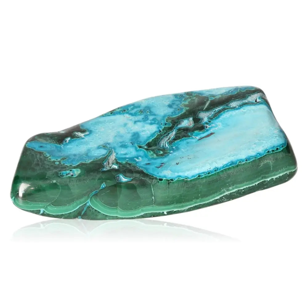 Blue Chrysocolla with Malachite gemstone, showcasing vibrant blue and green hues, known for emotional healing and calming properties.