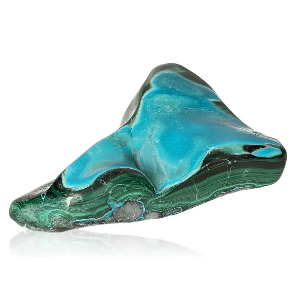Blue Chrysocolla with Malachite gemstone showcasing vibrant colors and unique patterns, promoting tranquility and transformation.