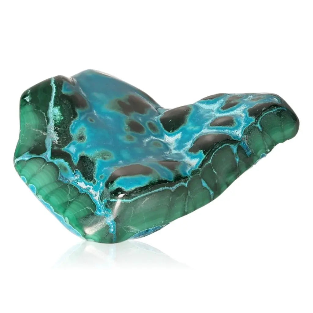 Blue Chrysocolla with Malachite gemstone showcasing vibrant blue and green hues, known for its calming and transformative properties.