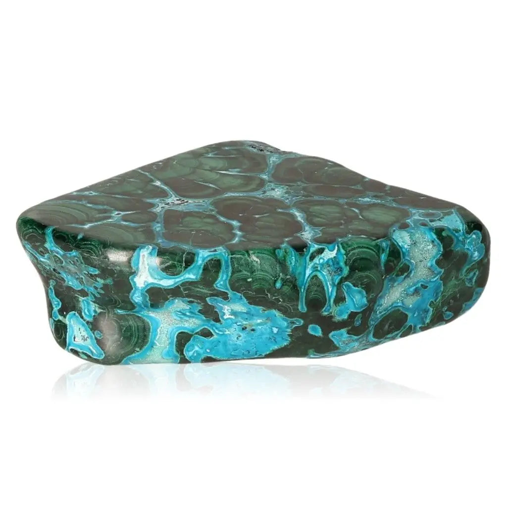 Blue Chrysocolla with Malachite stone - vibrant colors, transformational energy for crystal collectors and healers, 140 characters.